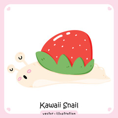 Fototapeta premium Cute Kawaii Snail Character with Strawberry Shell. Sweet Food-Animal Hybrid Vector Illustration for Kids and Dessert Themes.