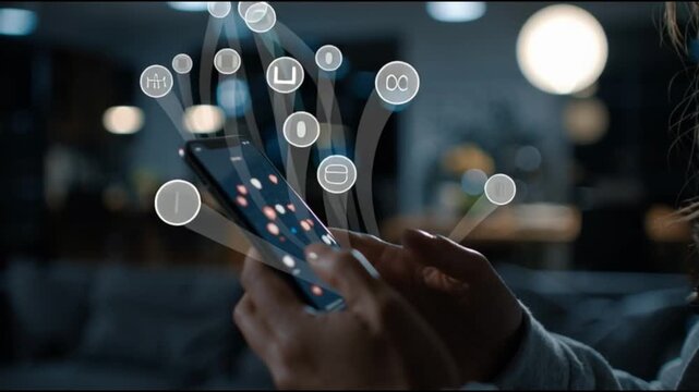 Social media algorithms impact. Engagement technology. Behavioral influence trend. Person interacting with a smartphone displaying colorful graphics.