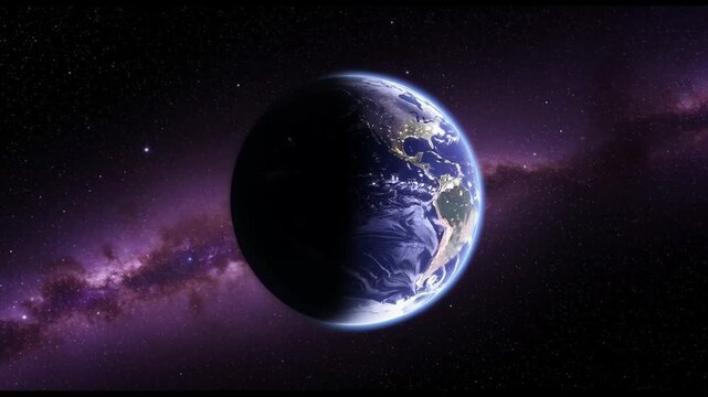 Earth suspended in space, Milky Way galaxy in the background, billions of stars sparkling, cosmic dust clouds, deep space color palette purple and blue, dramatic wide shot, high contrast, hyper-realis
