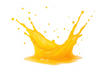 Vibrant orange juice splash creating a crown shape with liquid droplets flying, isolated on transparent background