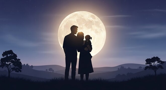 Family silhouette under a glowing full moon