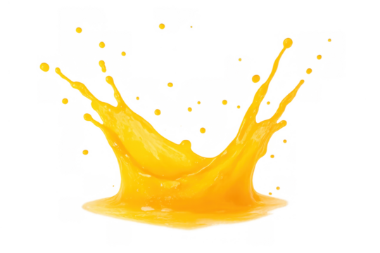 Vibrant orange juice splash creating a crown shape with liquid droplets flying, isolated on transparent background