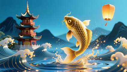 Golden koi leaping in an oriental festive scene