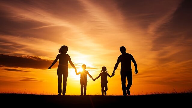 Parents with son and daughter holding hands, walking together as a silhouette against a dramatic orange sunset sky. - Powered by Adobe