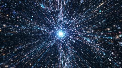 Bright starburst radiant light beams sparkling particles cosmic explosion space universe digital particles abstract glowing dots futuristic design vibrant colors energy flow dynamic motion blue - Powered by Adobe