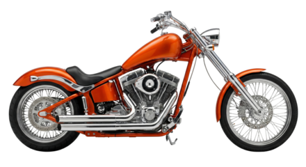 Vivid orange custom motorcycle with gleaming chrome details, a symbol of freedom and adventure,