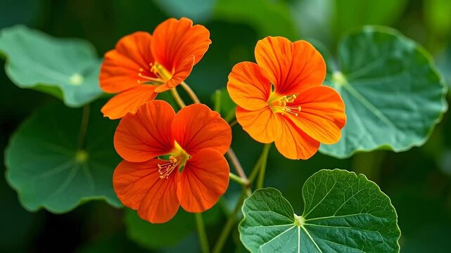 Vibrant Orange Nasturtium Flowers Blooming in Lush Greenery