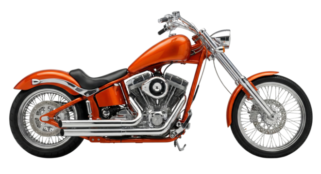 Vivid orange custom motorcycle with gleaming chrome details, a symbol of freedom and adventure,
