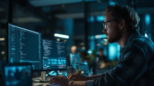 A software developer is intently writing code on dual monitors in a modern, high-tech office environment with cool blue lighting.