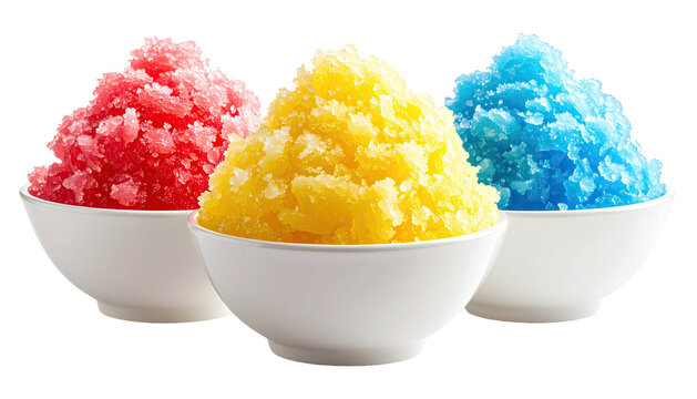 Snowcones red, yellow, blue in white bowls, dark backdrop