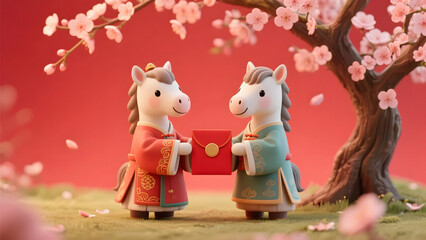 Fototapeta premium Pony pair sharing red packets under spring blossoms