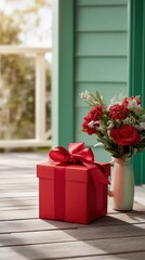 Naklejka premium Red gift box with a bow sits beside a vase of vibrant flowers on a wooden porch, creating a warm and inviting atmosphere for celebrations and special occasions