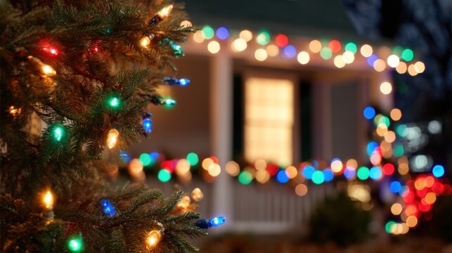 Christmas tree adorned with colorful lights stands in foreground, while a cozy house with glowing windows and festive decorations creates a warm holiday atmosphere - Powered by Adobe