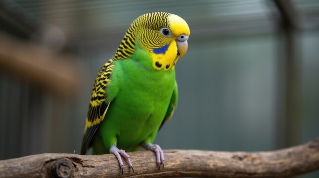 Brightly colored budgie parrot perched on a branch outdoors