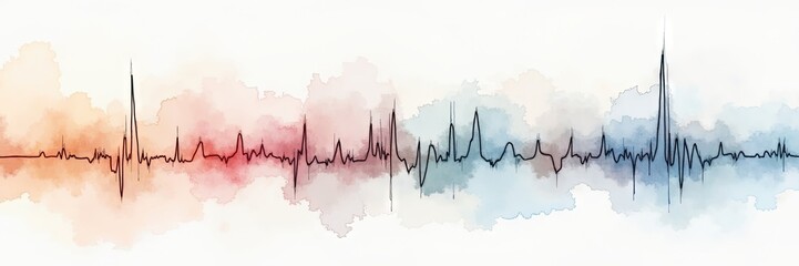 Abstract representation of a heartbeat visualized as a dark line graph overlaying vibrant watercolor washes of orange, red, and blue colors, creating a visual depiction of medical and health concepts