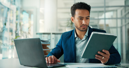 Business, headset and happy man with laptop for call center, account balance or credit service. Computer, agent and person listening to customer in office for banking support, financial help or loan