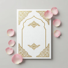 Elegant White Card with Gold Ornate Border and Pink Rose Petals invitation isolated on a transparent background