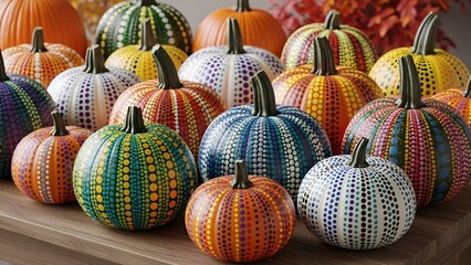 Colorful dotted pumpkins for autumnal decor, celebrating the season of harvest and fall