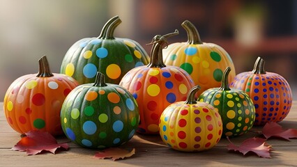 Colorful polka dot pumpkins arrangement capturing festive autumn vibes and fall decor