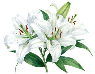 Fototapeta premium White lilies bouquet, detailed petals and green leaves