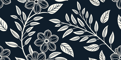 Fototapeta premium Seamless Floral Doodle Vector Pattern with Hand-Drawn Flowers and Leaves, White Outlines on Dark Background, High-Contrast Tileable Design, Clean Modern Editable Vector