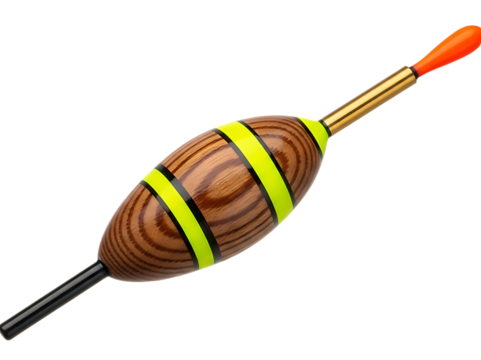 Detailed close-up studio shot of a classic wooden fishing float with bright yellow and black stripes, isolated on a white background, ready for angling.