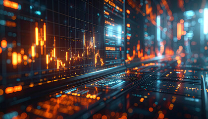 Financial Data Display: An abstract view of financial data, with complex charts and illuminated panels, suggesting intricate processing and digital information.