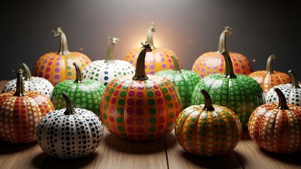 Festive collection of colorful polka dot pumpkins for autumn and halloween displays