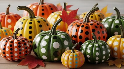 Festive Fall Display: Colorful Pumpkins with Polka Dots for Autumn Celebrations