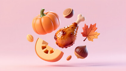 Floating Thanksgiving Food Elements in Soft Pastel Tones
