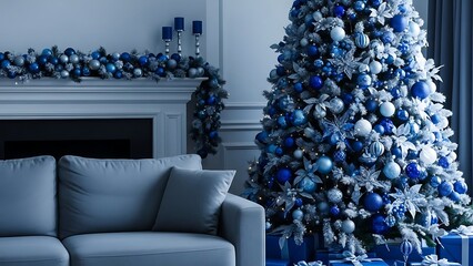 A festive living room scene featuring a decorated Christmas tree and sofa.