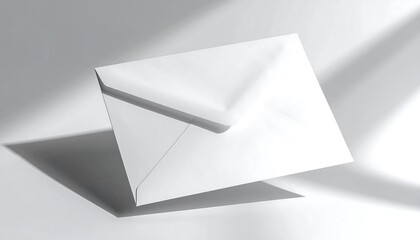 A white, closed envelope casts a long shadow on a bright surface, with a diagonal light beam striking