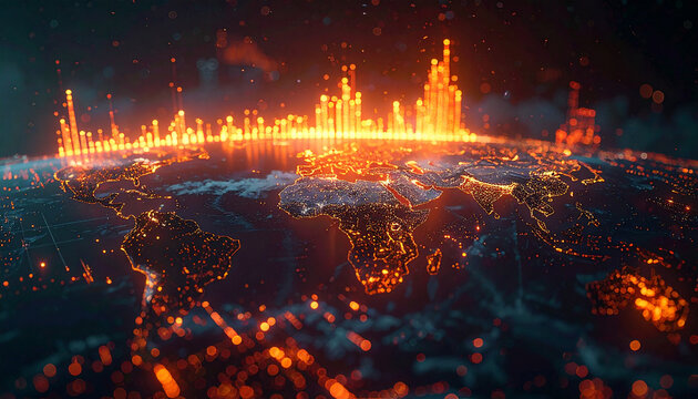 Global Data Visualization: A mesmerizing digital representation of the world, pulsating with glowing data points and dynamic lines.