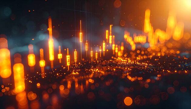 Financial Data Visualization: This captivating image showcases an abstract representation of financial data, using vibrant orange light pillars that dance against a dark, ethereal backdrop.