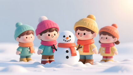 Fototapeta premium Children building a snowman in warm winter light