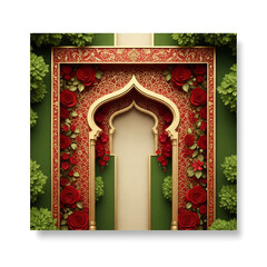 Lush Green Garden Entrance with Golden Archway and Red Roses graphic design isolated on a transparent background