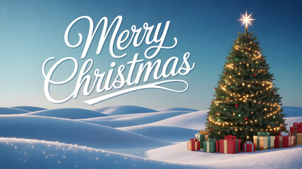 Merry christmas greeting with illuminated tree and gift box on snowy landscape