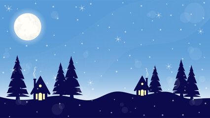 Naklejka premium Winter Night Silhouette With Snowflake Decoration And Full Moon Background