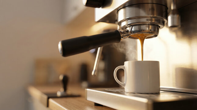 Hot coffee brewing into a mug from an espresso machine