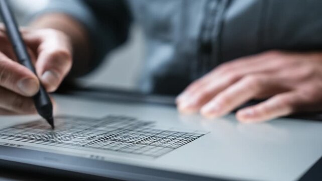 Close-up of a male designer's hand using a stylus to create a product prototype on a digital drawing pad, showcasing the creative process.