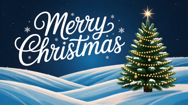 Festive merry christmas greeting card design with decorated tree on snowy landscape