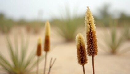 Desert landscape with tall spiky plants and sandy ground