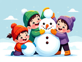 Joyful children building a snowman together on a snowy day