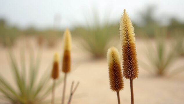 Desert landscape with tall spiky plants and sandy ground - Powered by Adobe