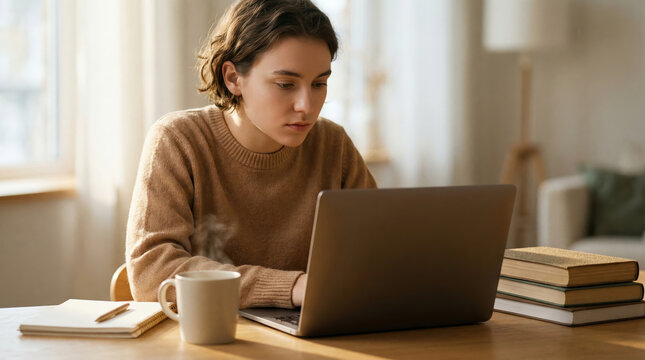 Young woman focused on laptop while studying or working from home