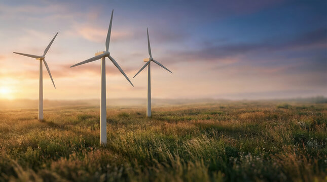 Three wind turbines in a golden field at sunrise