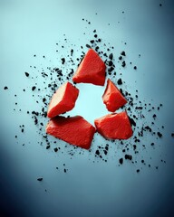 Abstract composition featuring red pieces arranged in a triangle shape on a blue background, surrounded by black particles.