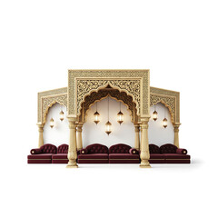 Luxurious Seating Arrangement with Ornate Arches and Hanging Lanterns graphic design isolated on a transparent background