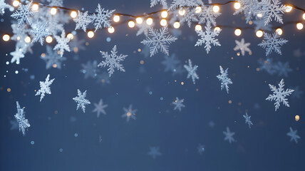 Falling snowflake decoration with string light border against a dark blue background