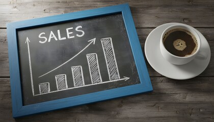 A chalkboard displays a sales graph with an upward trend, next to a cup of coffee.